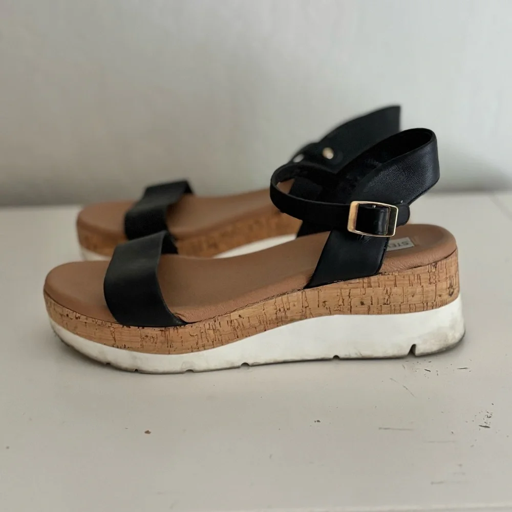 Steve Madden Rosalita Stacked Cork Platform Leather Sandals, Black, 8